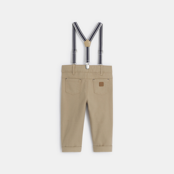 بنطلون (سروال) باللون البيج لين، بحمالات، ومصنوع من القطن الفاخر، مرن وقابل للتعديل، ويناسب الأطفال الصغار